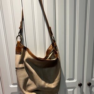 Roots Cream and Brown Leather Hobo Bag
